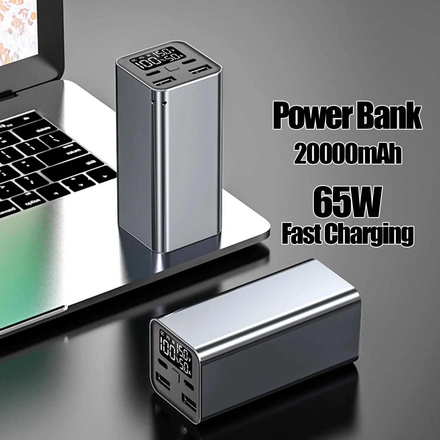 Black 65W metal power bank for laptop charging with 20000mAh capacity
