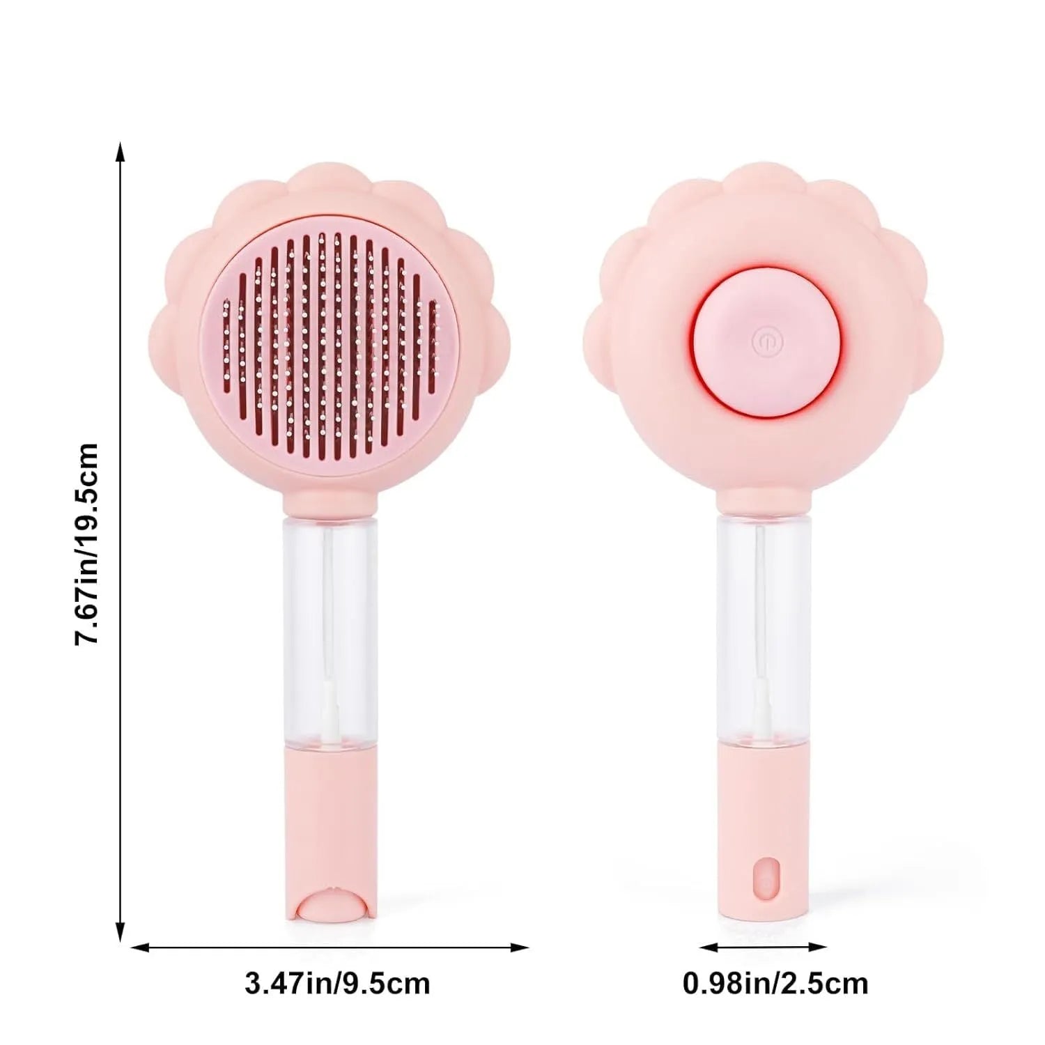 Grey spray cat brush with release button on a white background, showing the bristle head and spray nozzle.