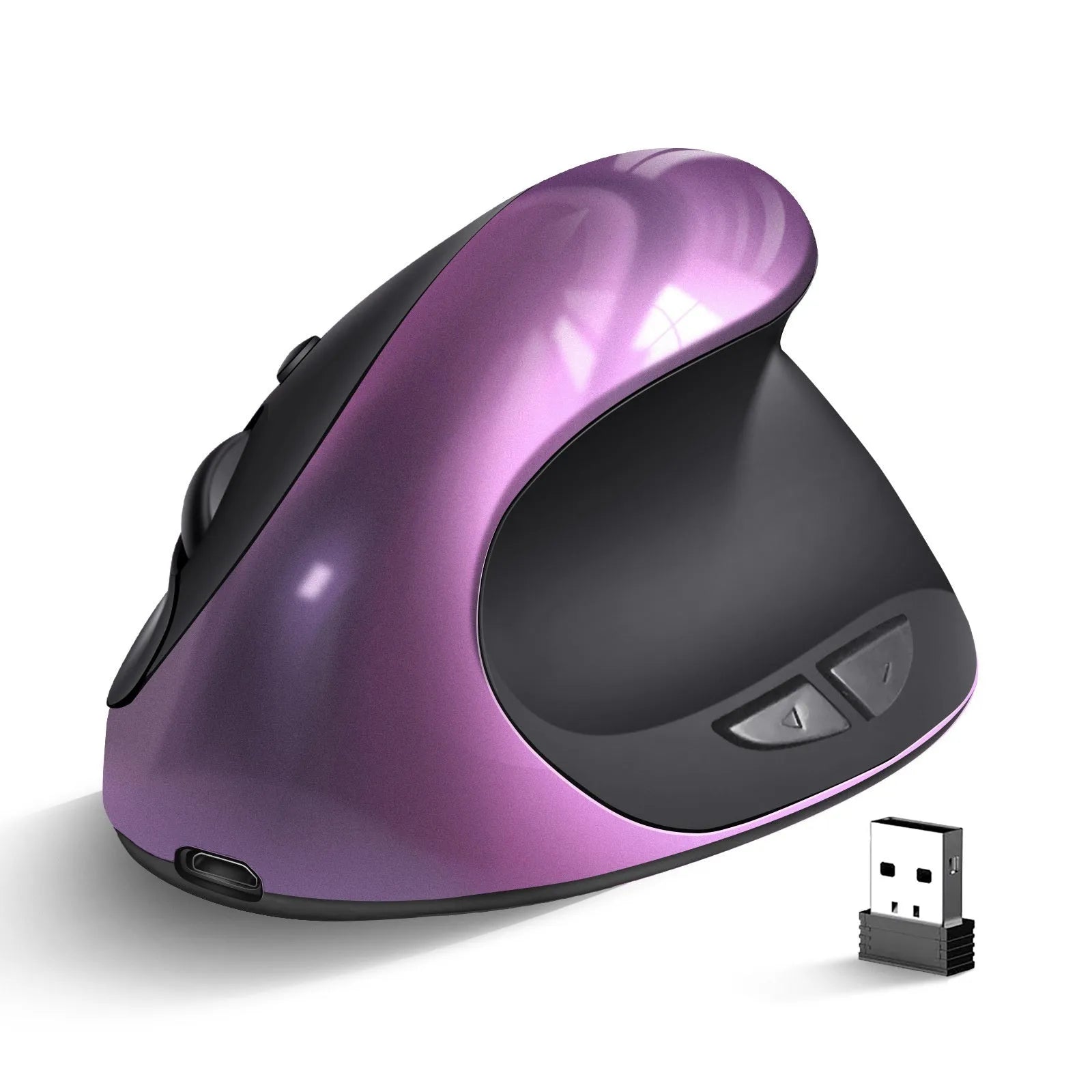 Vertical ergonomic wireless mouse showing upright design with USB connector and multiple colour options