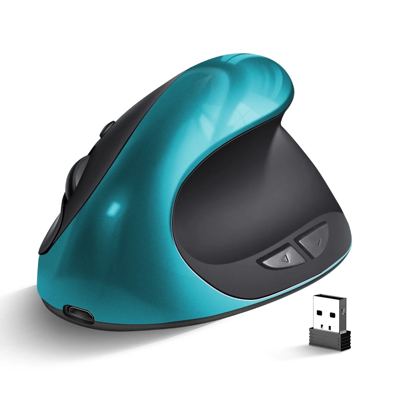 Vertical ergonomic wireless mouse showing upright design with USB connector and multiple colour options