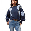 Women's sapphire blue off-neck pullover with floral jacquard pattern, loose casual fit with long sleeves