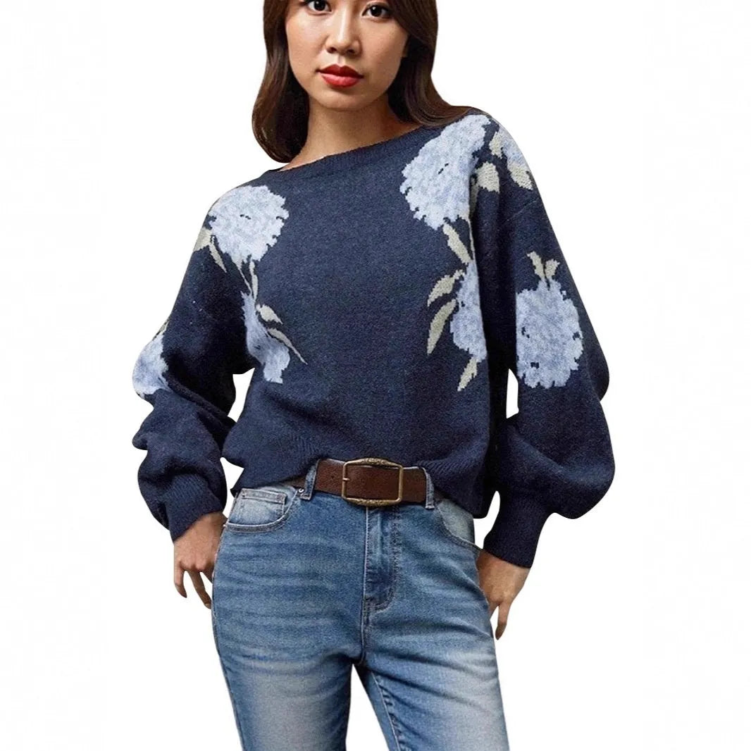 Women's sapphire blue off-neck pullover with floral jacquard pattern, loose casual fit with long sleeves
