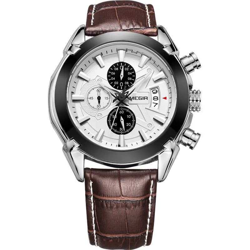 Men's multifunctional wristwatch with three subdials, six hands, waterproof construction, and luminous markers