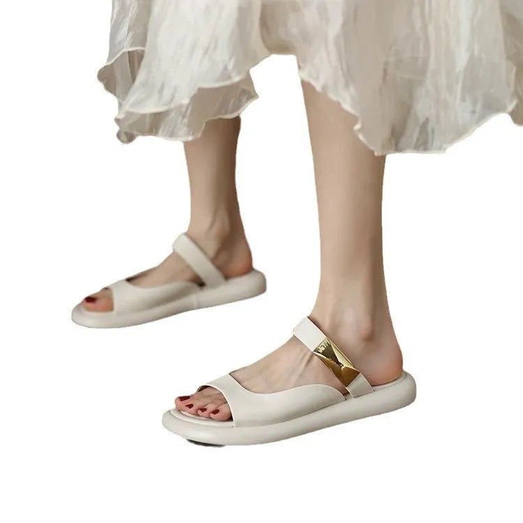 Women's apricot leather peep toe flat platform sandals on white background