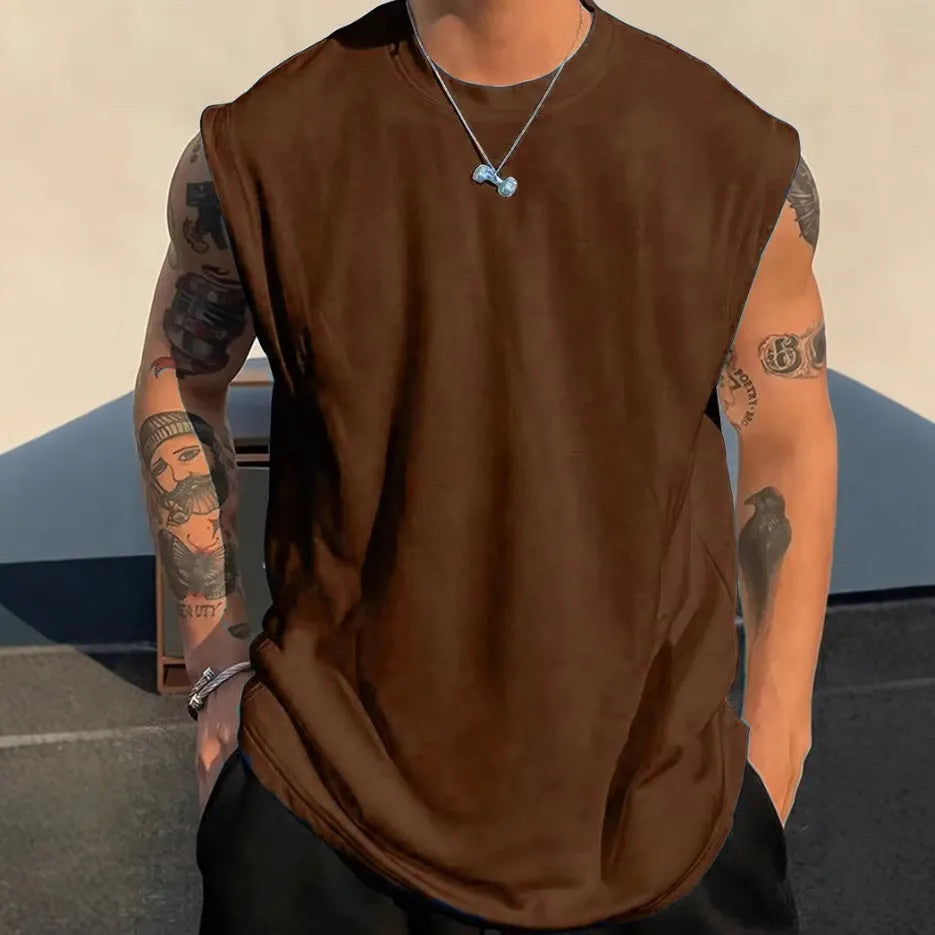 Men's loose solid colour cotton tank top sleeveless t-shirt on a hanger.