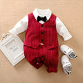 Wine red cotton baby boy romper with long sleeves and single-breasted closure in gentleman style
