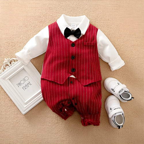 Wine red cotton baby boy romper with long sleeves and single-breasted closure in gentleman style