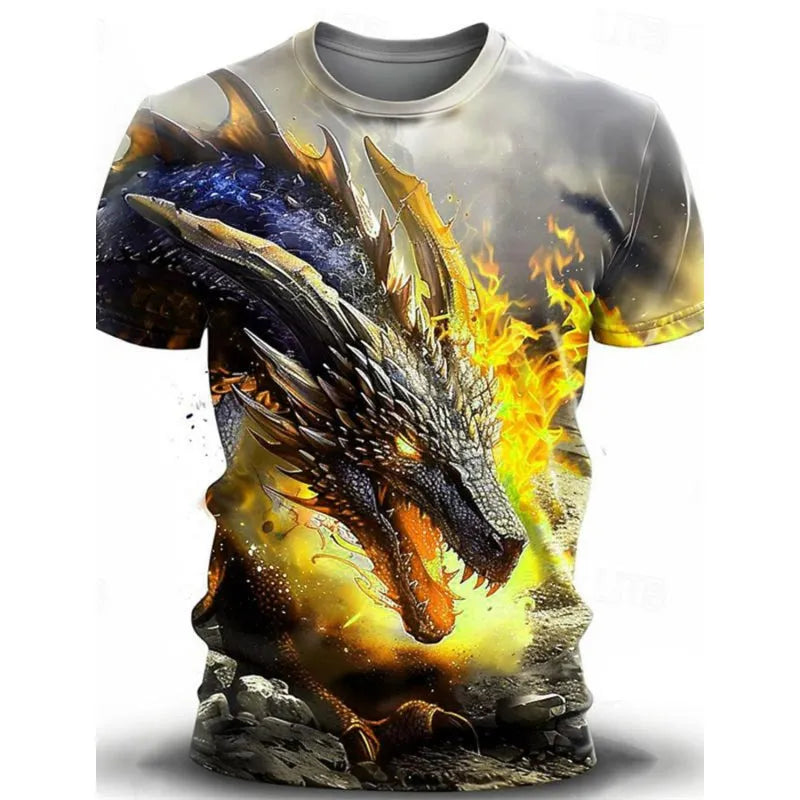 Men's grey casual t-shirt featuring a detailed 3D wind dragon print on the chest, short sleeves.