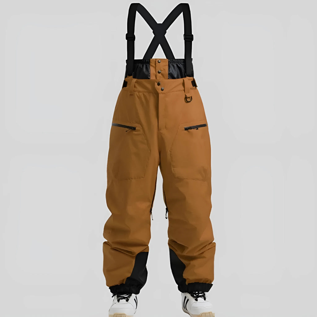 Men's waterproof ski pants with thickened straps in black, brown, khaki, or navy blue
