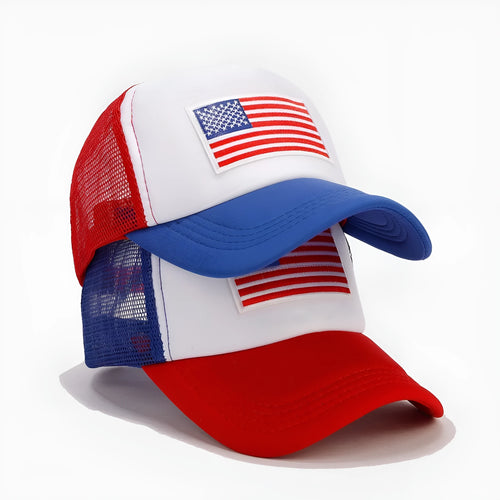 Red and blue contrast colour baseball cap with mesh fabric and adjustable strap