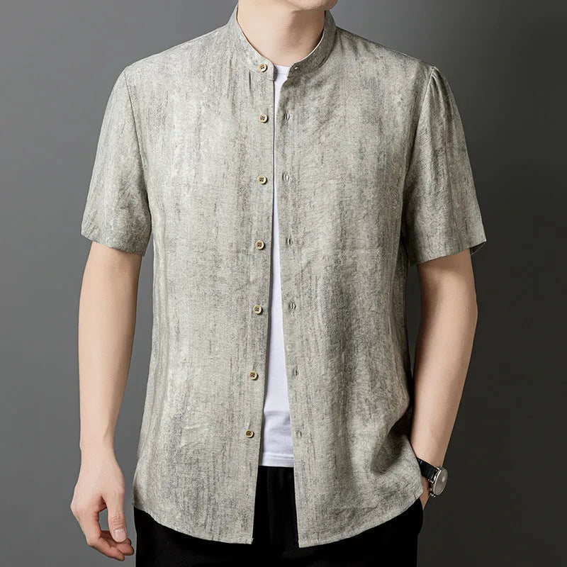 Men's loose fit linen blend shirt with stand collar in solid colour options