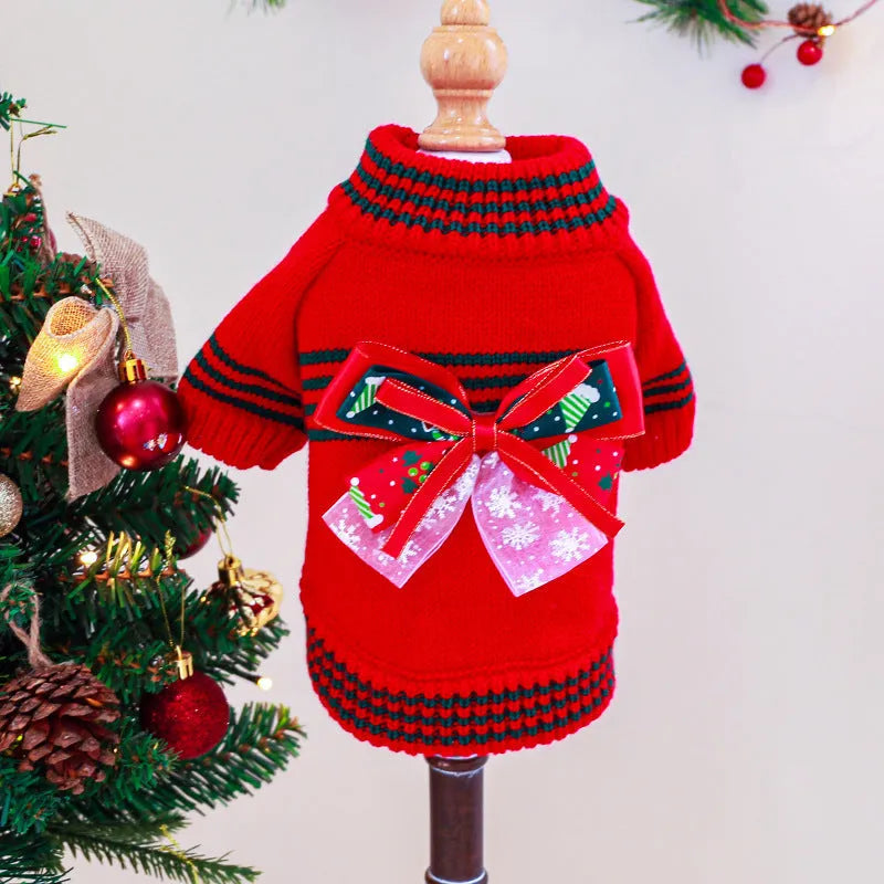 A red polyester Christmas jumper for a dog, shown on a mannequin, with sizes ranging from XS to XL.