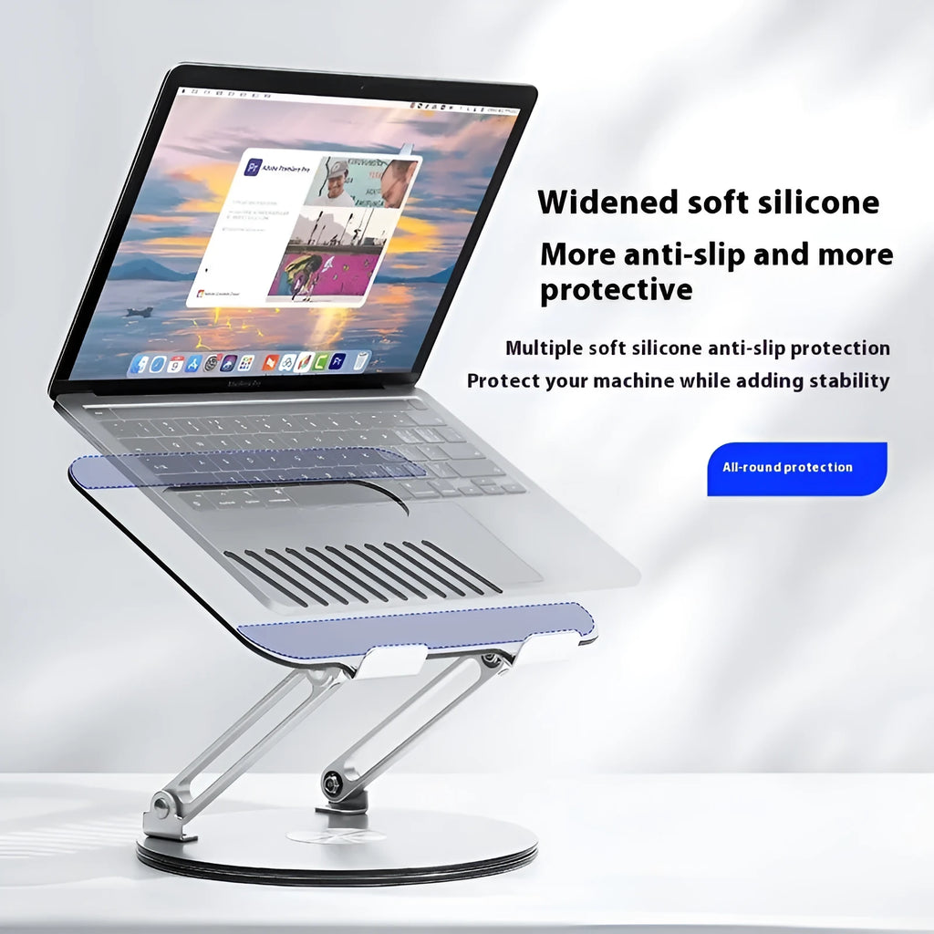 Silver aluminium alloy laptop stand showing rotatable platform and foldable legs