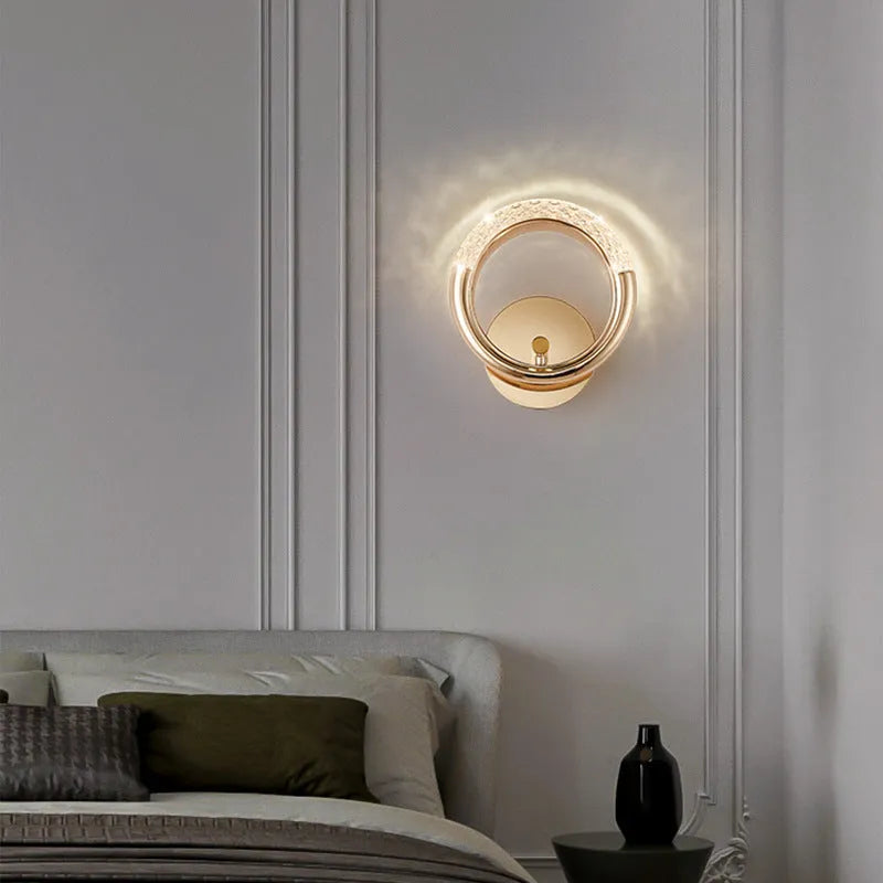 Minimalist modern wall lamp with acrylic shade in a bedroom setting, showing three light colour options.