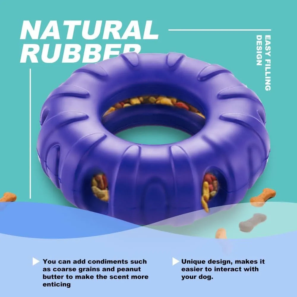 Blue natural rubber tyre-shaped dog chew toy with treat openings for slow feeding