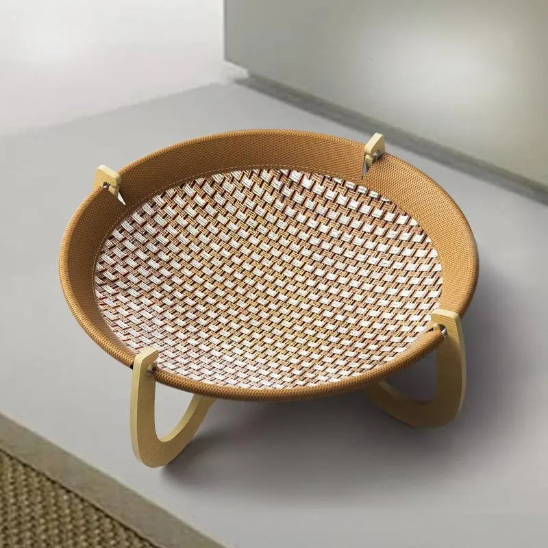 Brown woven rattan pet bed hammock for cats and small dogs, off-ground design