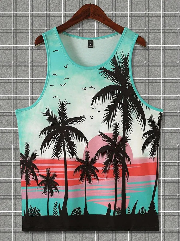 Men's Hawaiian-style 3D printed sleeveless vest tank top in polyester fabric