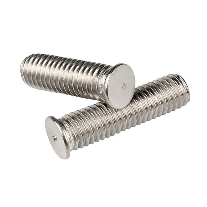 Whitened 304 stainless steel A2-70 welding screw on white background showing threads and flat head