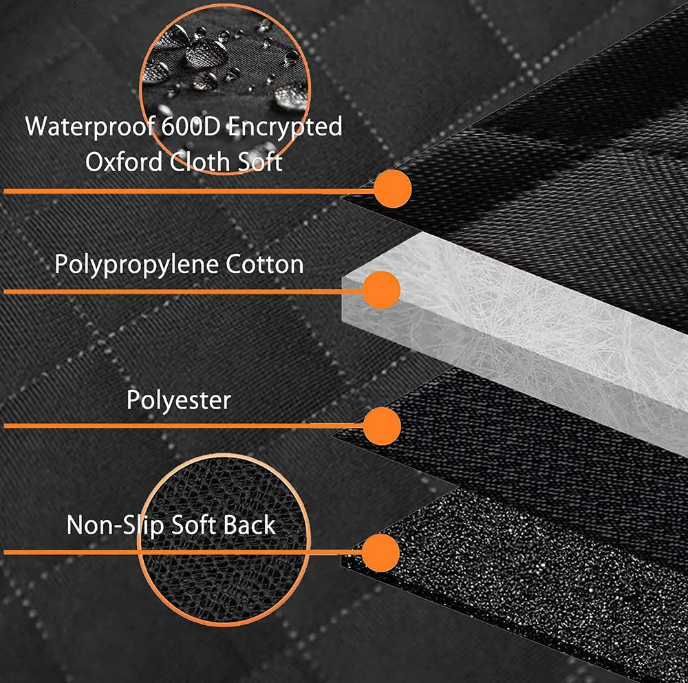 Black dog car seat cover with orange trim, shown fitted as a hammock in a vehicle rear seat.