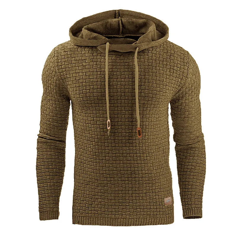 A man's plain hooded sweatshirt in a cotton-polyester blend, shown in multiple colour options.