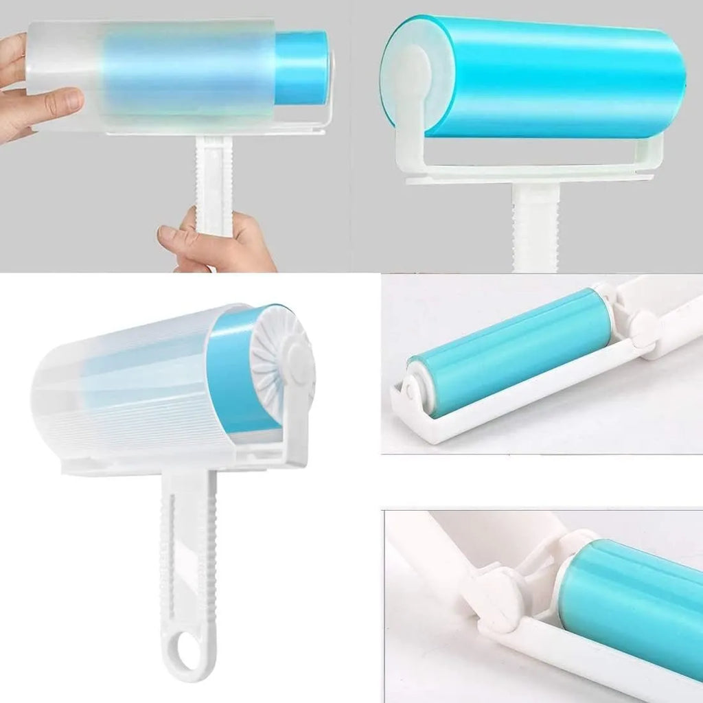 Washable reusable lint roller for pet hair removal with protective cover in blue green pink yellow colours