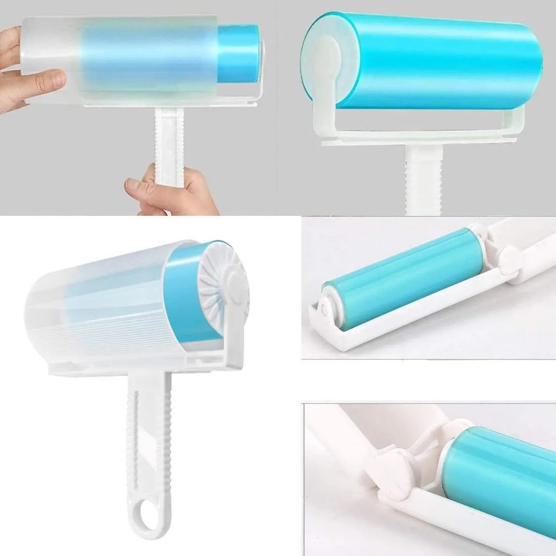 Washable reusable lint roller for pet hair removal with protective cover in blue green pink yellow colours