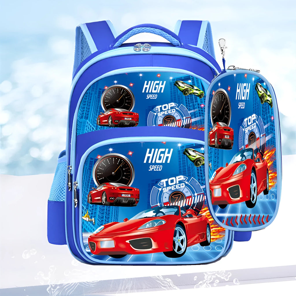 Blue anime cartoon print nylon school backpack for children with matching pencil case