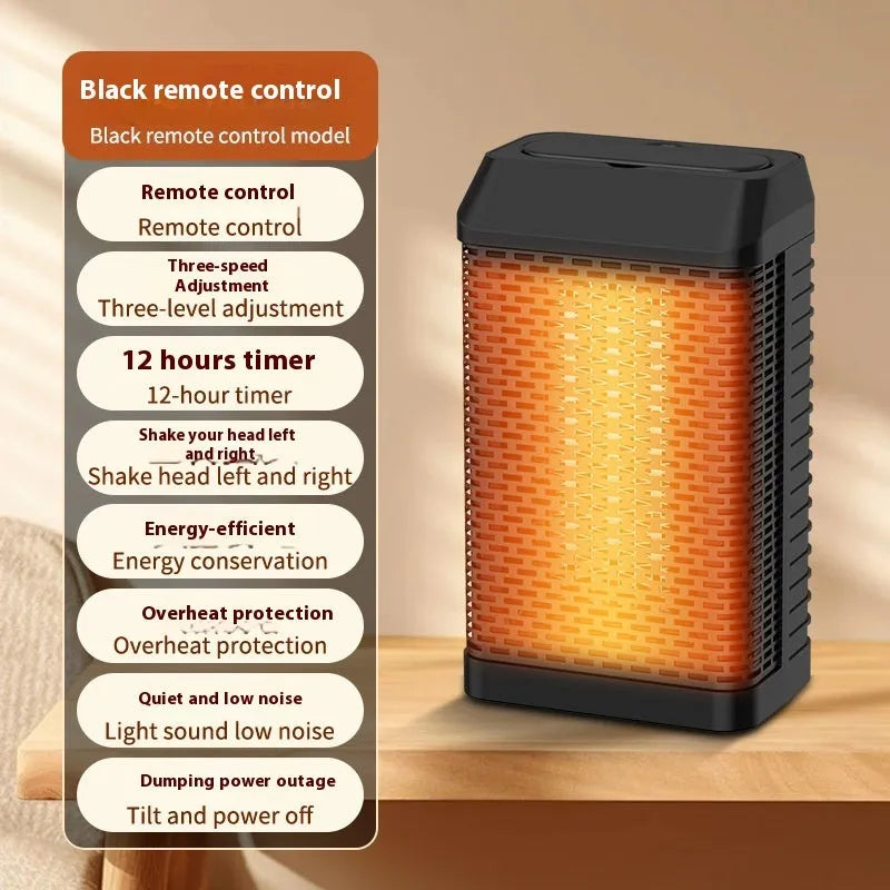 Black remote control desktop electric heater with compact design, showing control knob and air vents.