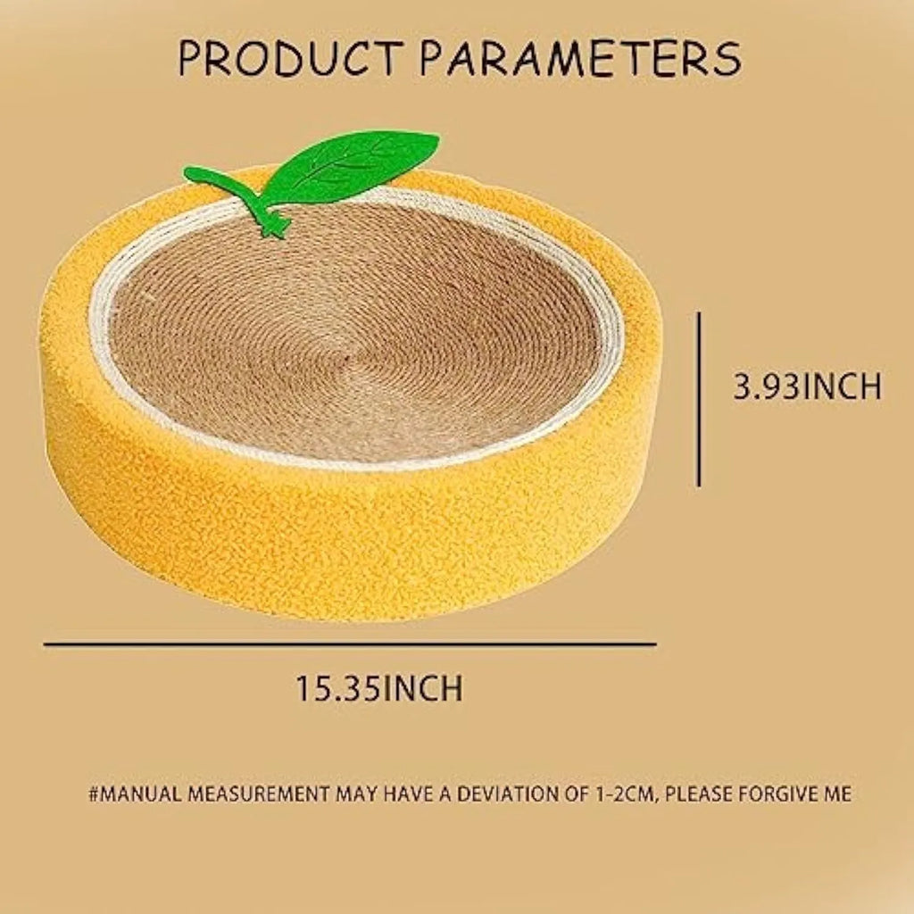 Round orange fruit-shaped cat scratching board with sisal surface and concave sleeping centre