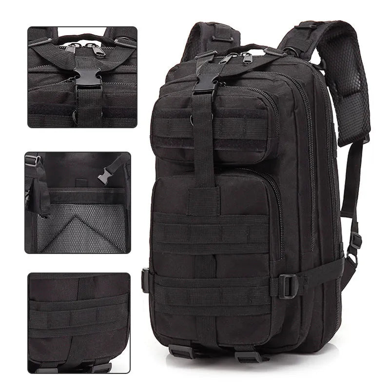 Large khaki coloured off-road hiking backpack with adjustable straps and multiple compartments.