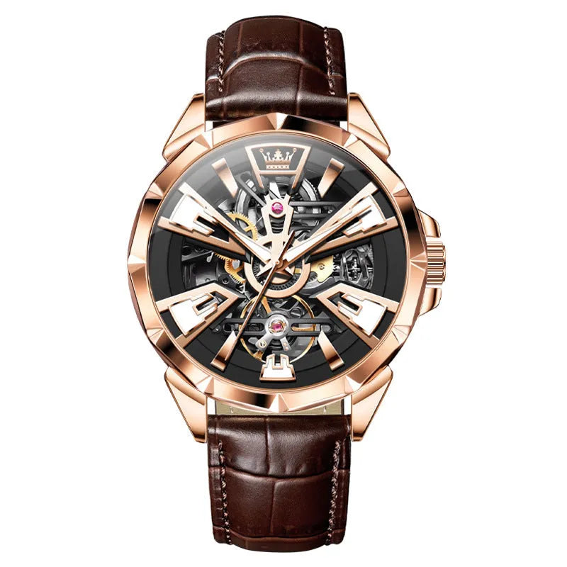 Men's automatic mechanical watch with hollow dial visible through transparent case back on genuine leather strap