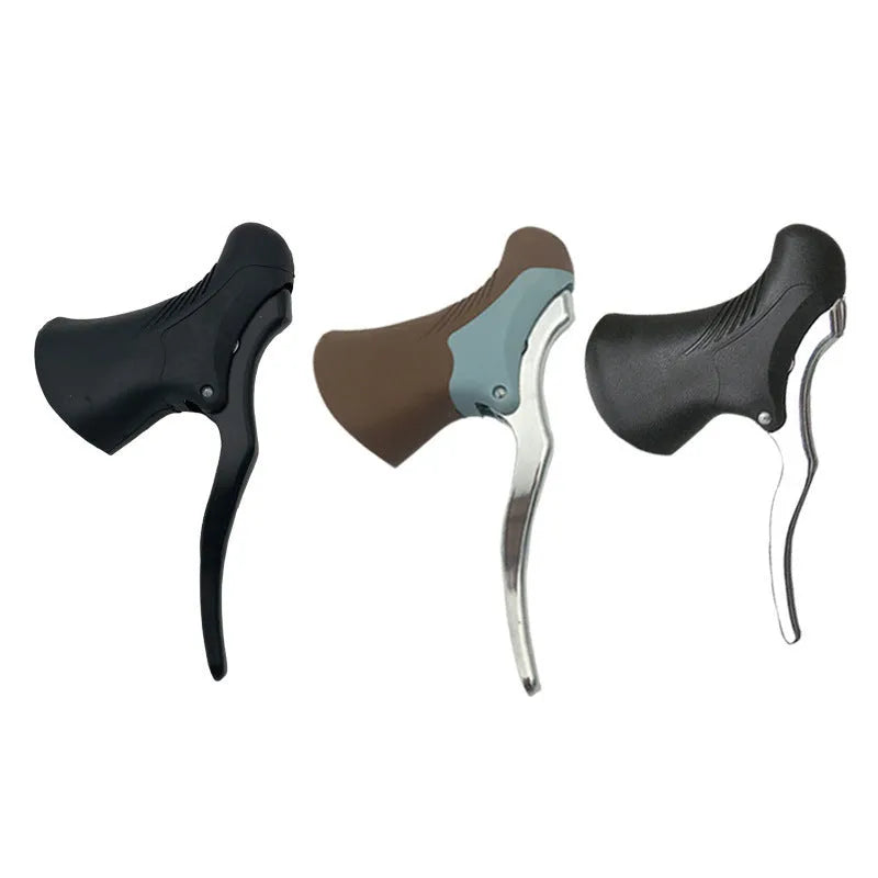 Pair of aluminium alloy road bicycle brake handles in black and black silver finish.
