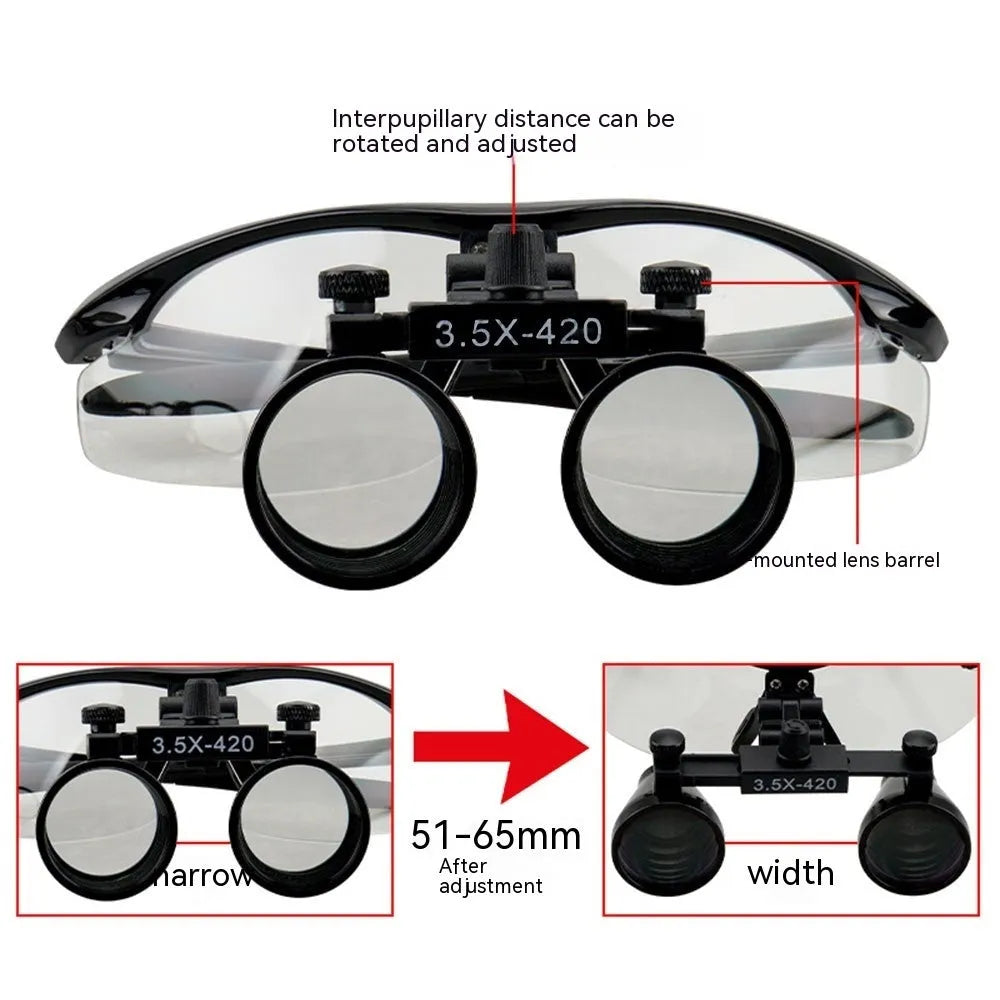 Black head-mounted LED magnifying glass with 3.5X magnification for dental and precision inspection work