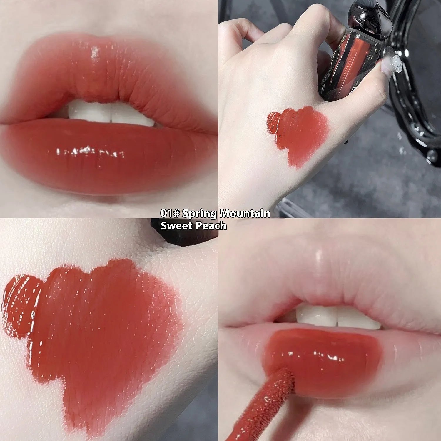 Glacier Lava Lip Lacquer lip gloss tube showcasing a high-shine, mirror finish, with visual of seven colour shade options.