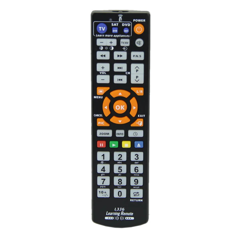 Black L336 learning remote control with standard button layout for audio equipment