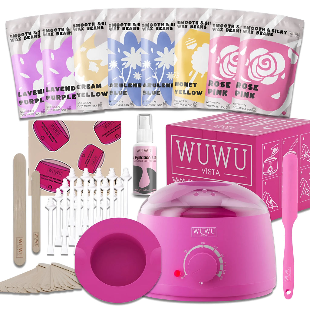 WUWUVISTA 63-piece waxing kit with black wax warmer, pots of wax beans, lotion, and applicator sticks on a pink background.