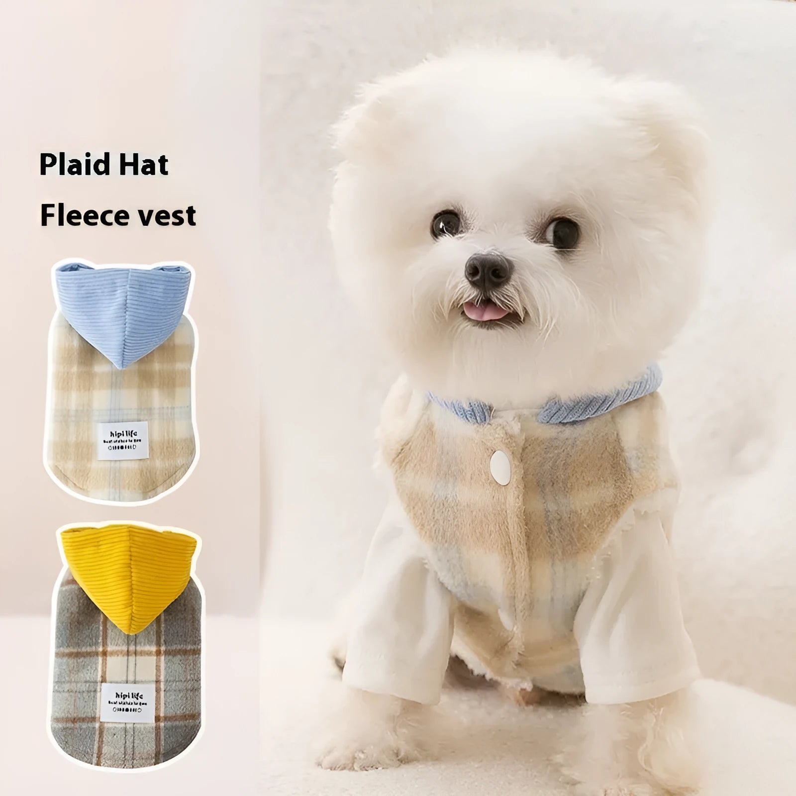 Blue corduroy dog hooded vest with chessboard grid pattern and traction-lined hood for autumn winter wear