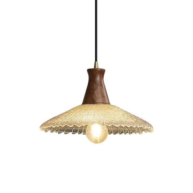 Retro-style brass and glass chandelier with wood body for ceiling mounting in restaurants.
