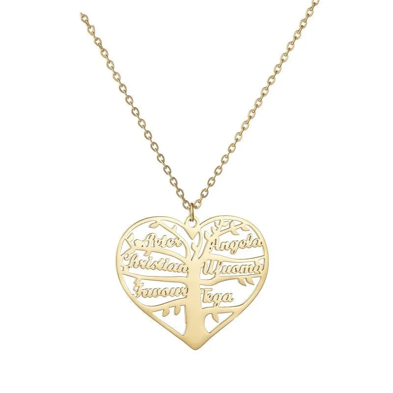 Custom stainless steel necklace with hollow heart, letter, and lucky tree pendant, available in silver, gold, rose gold.