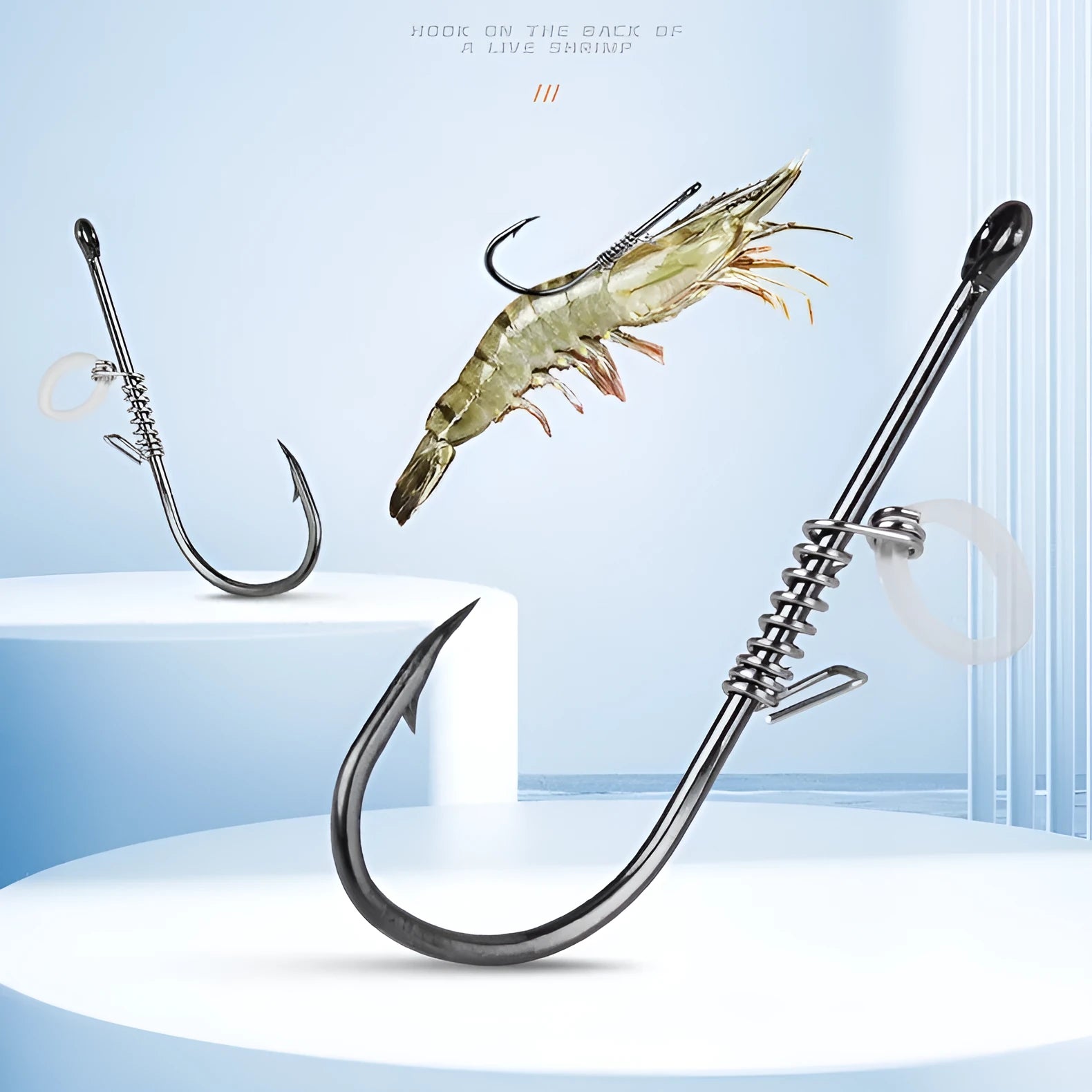 Spring rubber band sea fishing lure for live shrimp with barbed hook, available in multiple sizes