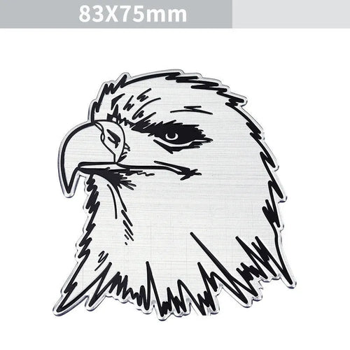 Aluminium car body sticker pack showing eagle, tiger, round lion, round wolf head, and round eagle designs.