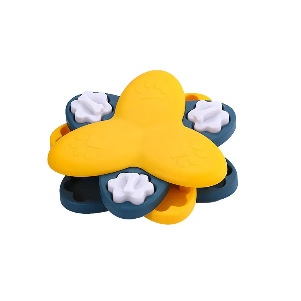 Green and yellow dog puzzle toy slow feeder with 9 compartments and bone-shaped covers
