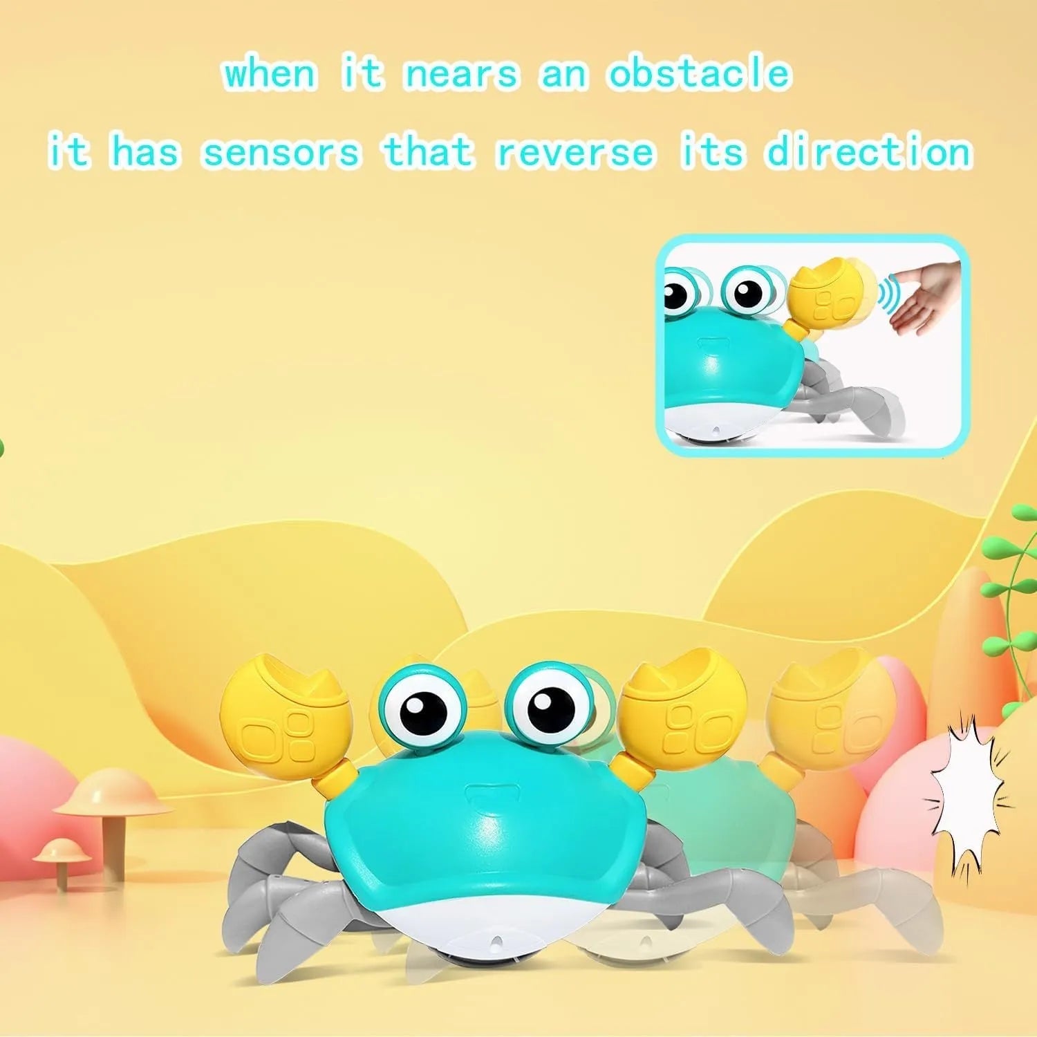 Blue or red electronic crawling crab dog toy with lights, shown next to a charging cable