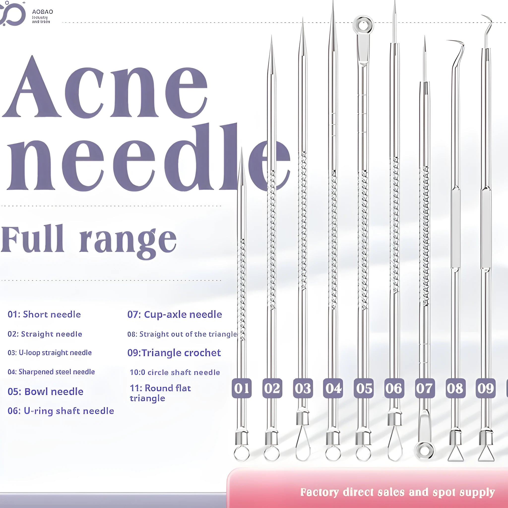 Four metal acne needles with ultra-fine pointed tips on a clean background.