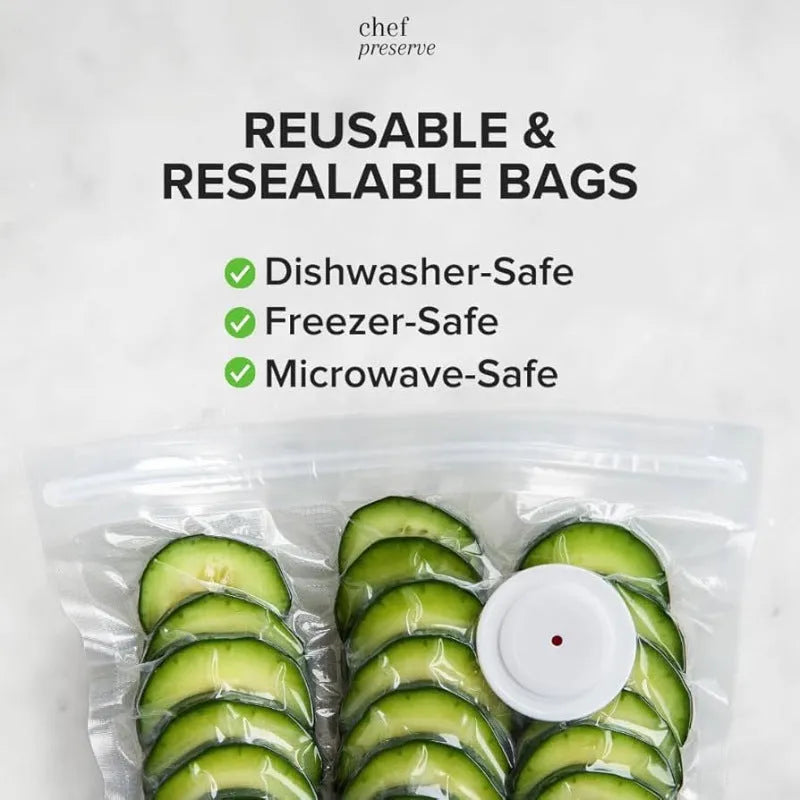 White USB electric vacuum pump with five 26x28cm plastic storage bags featuring zip-lock seals