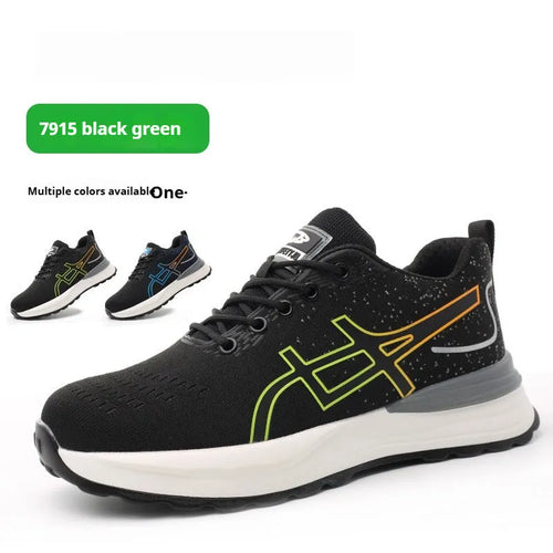 Black and blue low-cut safety shoes with a mesh upper and rubber sole for industrial protection.