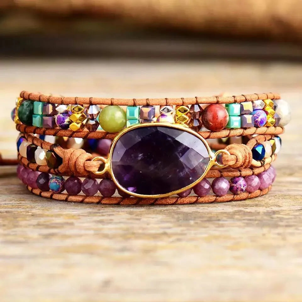 Ethnic style red wood grain leather rope crystal bracelet with egg-shaped semi-precious stone beads
