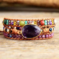Ethnic style red wood grain leather rope crystal bracelet with egg-shaped semi-precious stone beads
