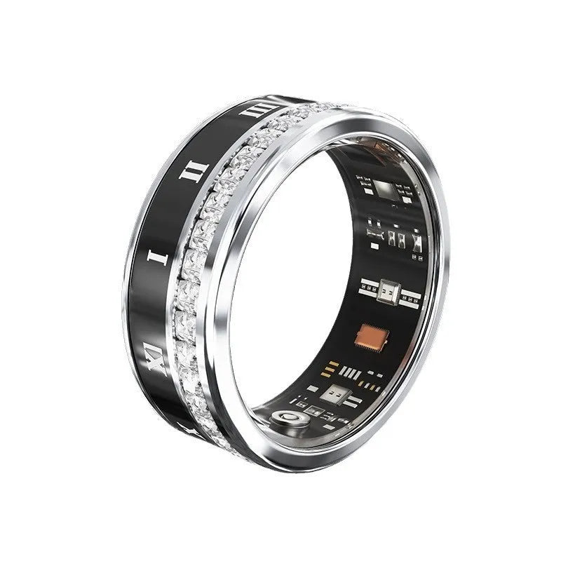Diamond inlaid smart ring in gold or silver colour with blood oxygen monitoring feature