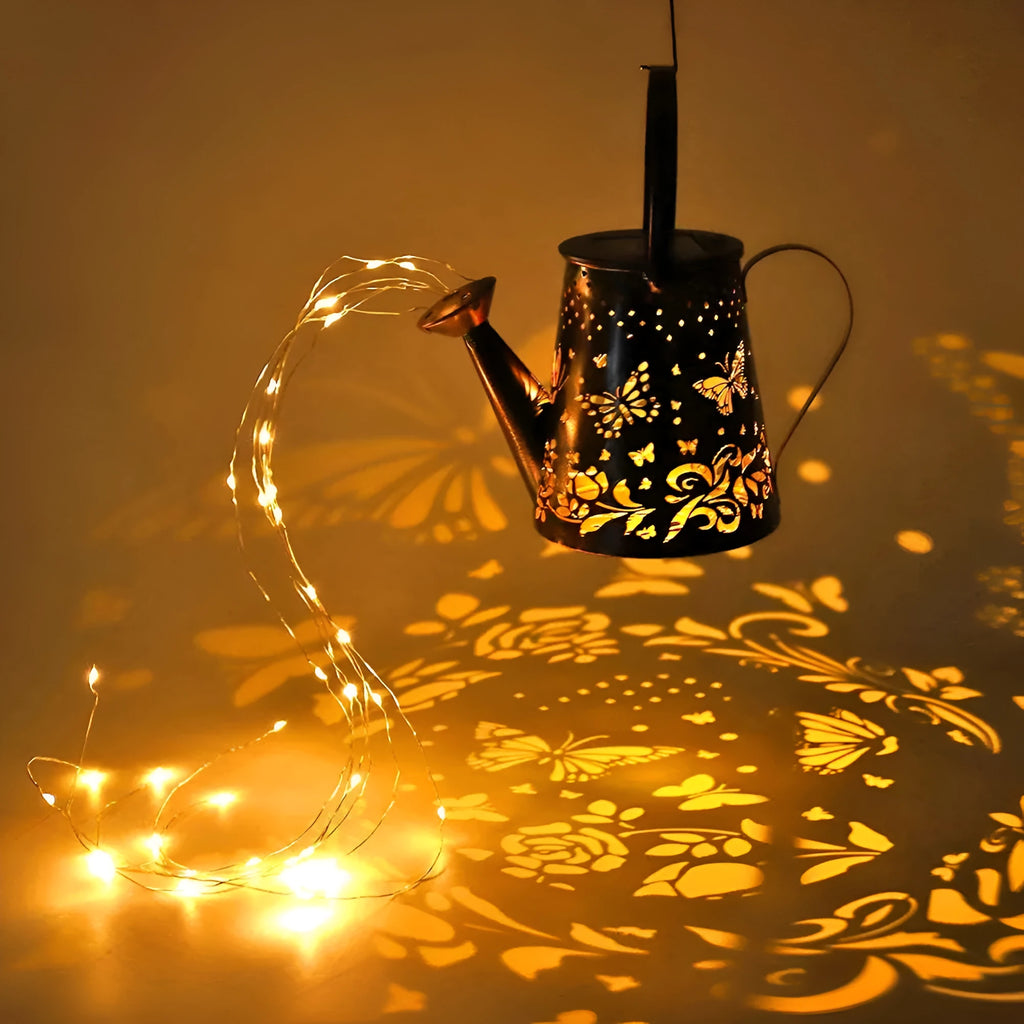 Solar garden lamp with tapered butterfly iron design and warm white LED light